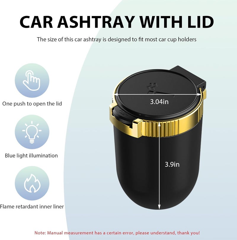 FSTURIOS Car Ashtray with Lid, Detachable Smokeless Auto Cup Holder Ashtray with LED Blue Light, Stainless Steel Ash Tray Portable Mini Vehicle Trash Can for Car Home Outdoor (Golden) - Image 2